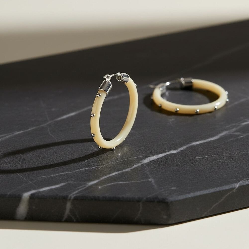 Lauren Ralph Lauren Cream Resin Studded Hoop Earrings Silver Tone NWT - Picture 2 of 4